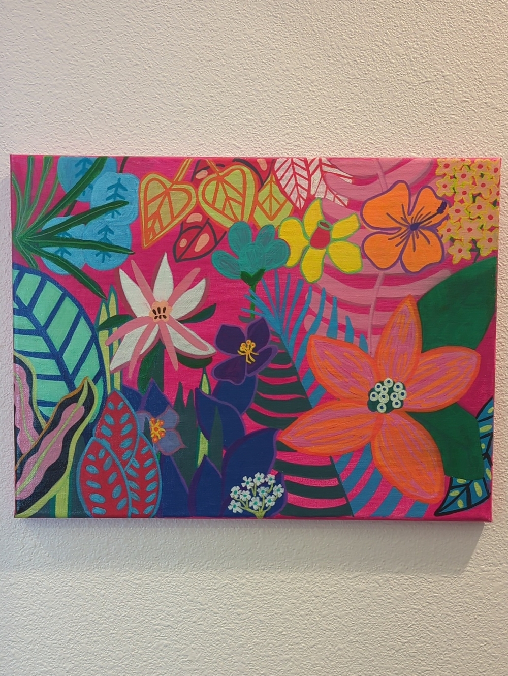 Vibrant Tropical Floral Canvas Art in Pink, Orange & Green